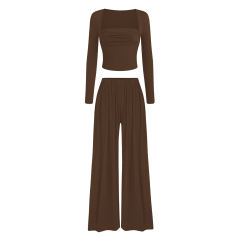 Coffee Ribbed Square Neck Long Sleeve Top and Wide Leg Pant Set