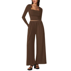 Coffee Ribbed Square Neck Long Sleeve Top and Wide Leg Pant Set