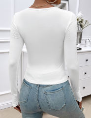 White Ruched V Neck Slim Fit Long Sleeve Top