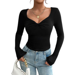Black Ruched V Neck Slim Fit Long Sleeve Top