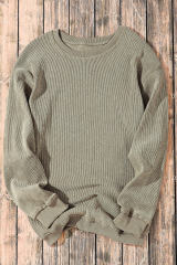 Green Solid Ribbed Knit Round Neck Pullover Sweatshirt