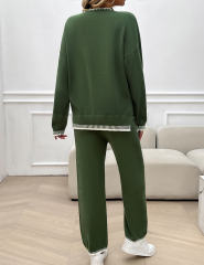Army Green Contrast Knit Sweater and Pant Set
