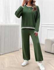 Army Green Contrast Knit Sweater and Pant Set