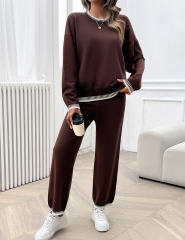 Coffee Contrast Knit Sweater and Pant Set