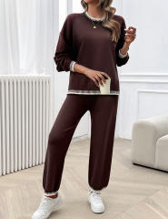 Coffee Contrast Knit Sweater and Pant Set