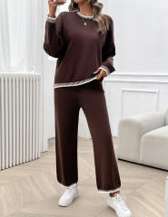 Coffee Contrast Knit Sweater and Pant Set