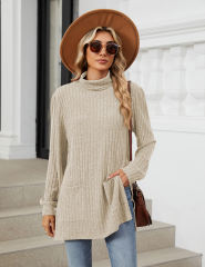 Apricot Turtleneck Side Split Pocket Long Sleeve Tops