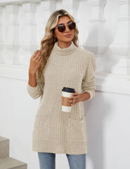Apricot Turtleneck Side Split Pocket Long Sleeve Tops