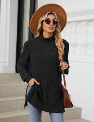 Black Turtleneck Side Split Pocket Long Sleeve Tops
