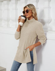 Apricot Turtleneck Side Split Pocket Long Sleeve Tops