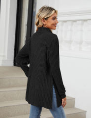 Black Turtleneck Side Split Pocket Long Sleeve Tops