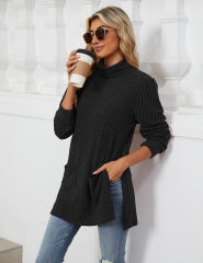 Black Turtleneck Side Split Pocket Long Sleeve Tops