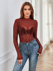 Burgundy Rhinestones Sheer Mesh Long Sleeve Mock Neck Bodysuit