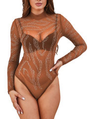 Brown Rhinestones Sheer Mesh Long Sleeve Mock Neck Bodysuit