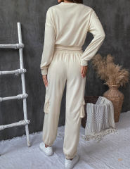 Apricot Solid Textured Sweatshirt and Multi Pockets Pant Set