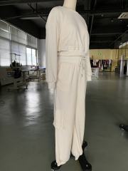 Apricot Solid Textured Sweatshirt and Multi Pockets Pant Set