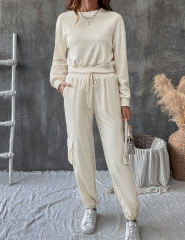 Apricot Solid Textured Sweatshirt and Multi Pockets Pant Set