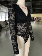 Black Button-up V Neck Lace Long Sleeve Bodysuit