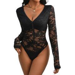 Black Button-up V Neck Lace Long Sleeve Bodysuit