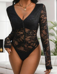 Black Button-up V Neck Lace Long Sleeve Bodysuit