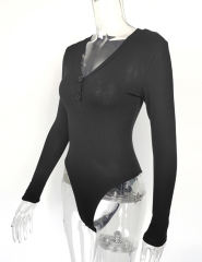 Black Button-up V Neck Ribbed Long Sleeve Bodysuit