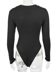 Black Button-up V Neck Ribbed Long Sleeve Bodysuit