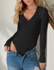 Black Button-up V Neck Ribbed Long Sleeve Bodysuit