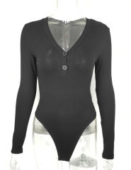 Black Button-up V Neck Ribbed Long Sleeve Bodysuit