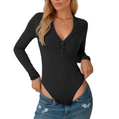 Black Button-up V Neck Ribbed Long Sleeve Bodysuit