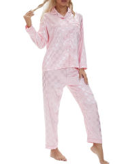 Pink Checkered Pattern Long Sleeve Loungewear Pajamas Set
