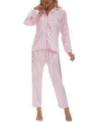 Pink Checkered Pattern Long Sleeve Loungewear Pajamas Set