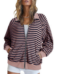 Pink Striped Lapel Collar Full-zip Jacket