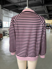 Pink Striped Lapel Collar Full-zip Jacket