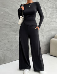 Black Slim Long Sleeve Top and Wide Leg Pants Set