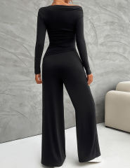 Black Slim Long Sleeve Top and Wide Leg Pants Set