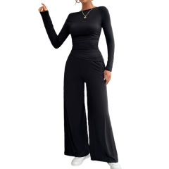 Black Slim Long Sleeve Top and Wide Leg Pants Set
