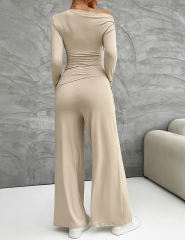 Khaki Slim Long Sleeve Top and Wide Leg Pants Set