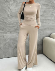 Khaki Slim Long Sleeve Top and Wide Leg Pants Set