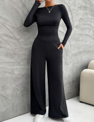 Black Slim Long Sleeve Top and Wide Leg Pants Set