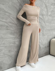 Khaki Slim Long Sleeve Top and Wide Leg Pants Set