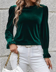 Dark Green Frilled Neck Pleated Cuffs Velvet Top