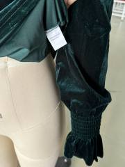 Dark Green Frilled Neck Pleated Cuffs Velvet Top