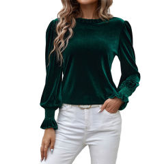 Dark Green Frilled Neck Pleated Cuffs Velvet Top