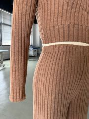 Brown Textured V Neck Crop Top and Wide Leg Pant Set
