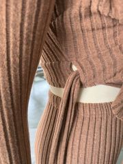 Brown Textured V Neck Crop Top and Wide Leg Pant Set