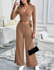 Brown Textured V Neck Crop Top and Wide Leg Pant Set