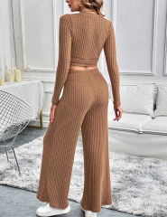 Brown Textured V Neck Crop Top and Wide Leg Pant Set