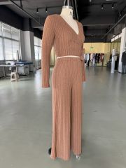 Brown Textured V Neck Crop Top and Wide Leg Pant Set