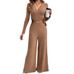 Brown Textured V Neck Crop Top and Wide Leg Pant Set