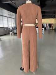Brown Textured V Neck Crop Top and Wide Leg Pant Set